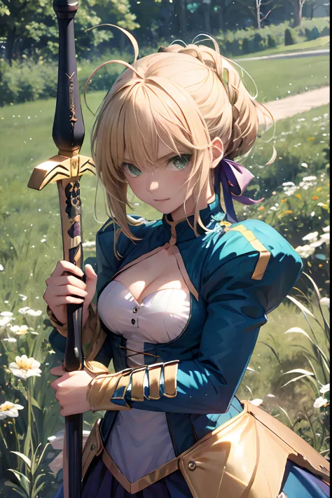 Masterpiece, Best quality, A high resolution, BBSABER, Green eyes, ahoge, Field, standing, sword, Excalibur \(fate/stay night\), Outdoors, cleavage
