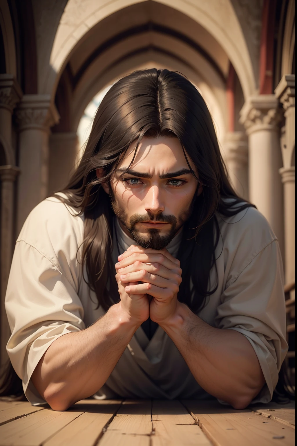 Jesus kneeling praying, with his face forward looking at the camera