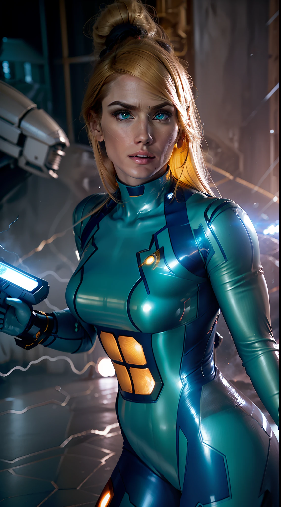 (alta qualidade,4k,8k,Alto,master part:1.2),ultra-detalhado,(Realistic,fotorrealista,photo-realistic:1.37),Samus Aran wearing his iconic Power Suit standing in an atmospheric alien environment, armadura vibrante e detalhada brilhando na luz, detalhes intrincados em sua viseira e traje corporal, Highly detailed and realistic portrait of his arm cannon, Showing power and advanced technology, dynamic and intense pose with burning energy emanating from his suit, a sense of movement captured with flowing cape and hair, surrounded by bright alien plants and creatures, immersive and detailed background depicting a mysterious alien landscape, Professional execution with careful attention to light and shadow, creating a sense of depth and realism, cores vibrantes e saturadas que mostram a natureza sobrenatural do ambiente, a cinematic lighting backdrop with dramatic highlights and shadows, melhorar a atmosfera geral e a intensidade da cena.