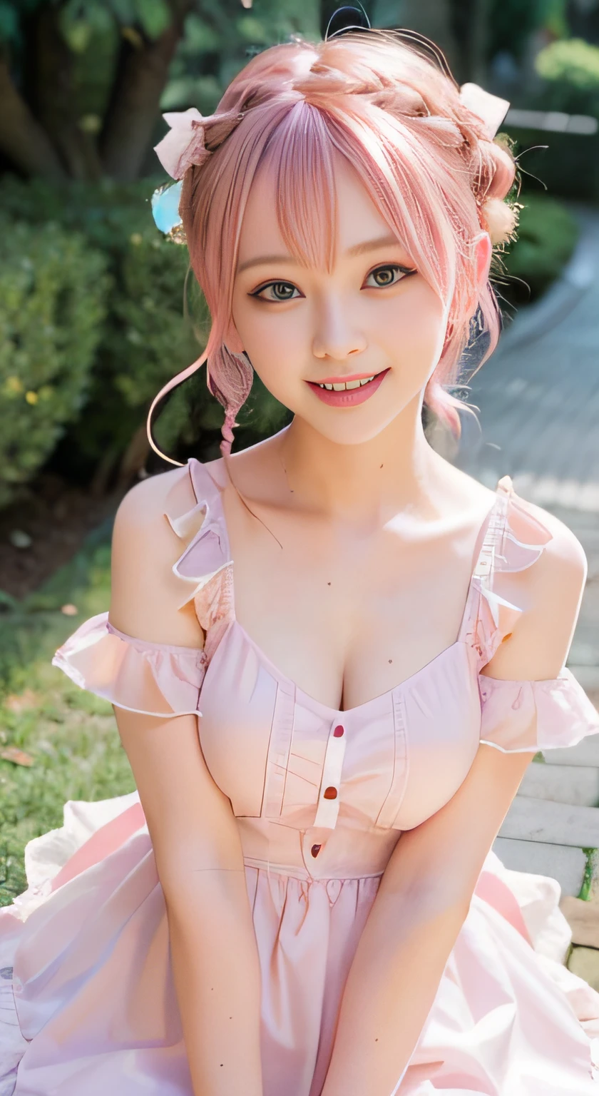 (ultra-detailliert), Cute princess dress in pink color,(frilly dress),(shortsleeves),Blue eyes,The upper part of the body、a closeup、faces、(A smile:1.5),(facing front:1.2), 20yr old, teens girl,no tail,(no tail),2D, ​masterpiece, top-quality, animesque, A detailed eye, A detailed face, girl with, Only 1 person,Pink Hair Medium Hair, (Pink hair),  Ear Hair, small tits, Single braid, (Single braid), (Side braid), Pink ribbon, Ribbon around the neck, (White sleeves), Background bokeh