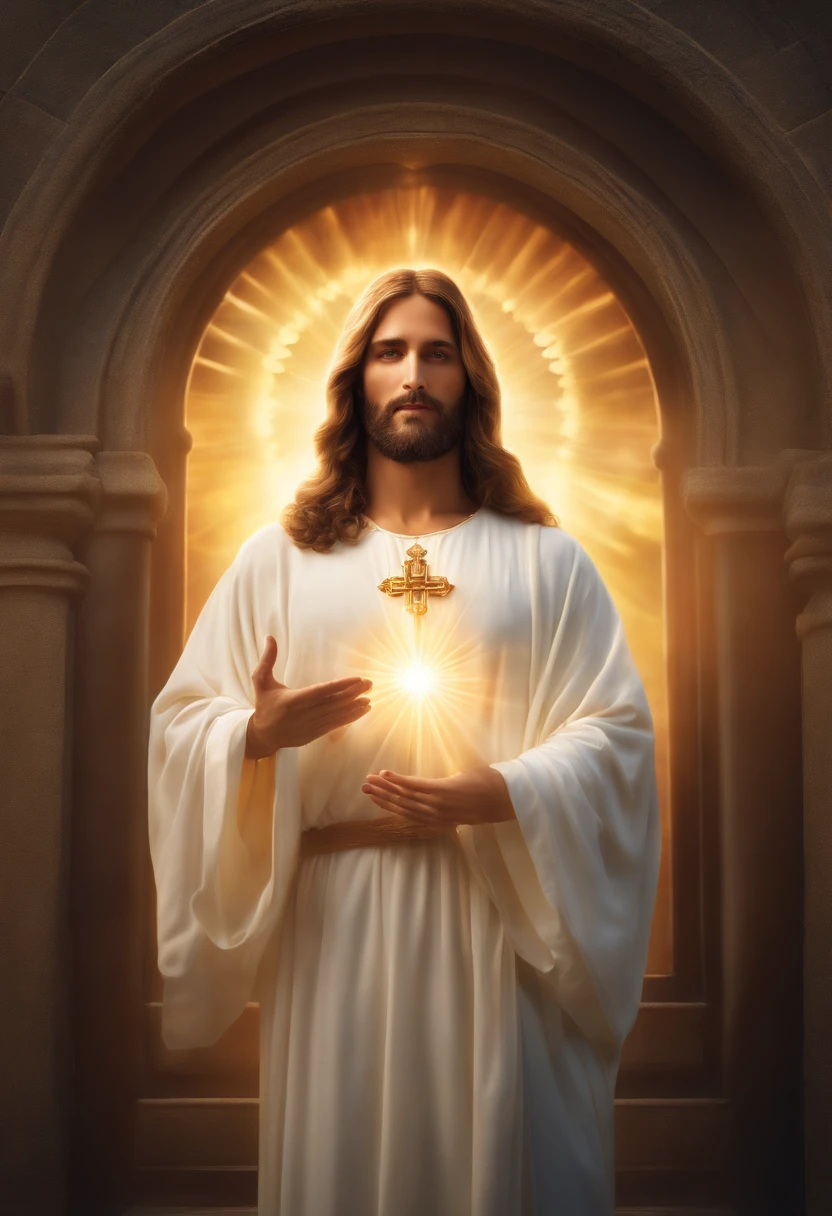 Jesus,luz divina,expressão serena,roupão branco,Cabelo esvoaçante,aura sagrada,braços abertos,Ressurreição,Fundo celestial,vitrais,presença majestosa,(melhor qualidade,4K,8K,alta resolução,obra de arte:1.2),Ultra-detalhado,(realista,photorealista,photo-realista:1.37),etéreo,Puro,espiritual,radiant,atmosfera sagrada,halo dourado,pureza,cruzar,paz,amor,redenção,salvação,transcendência,Escuridão banida,calma,Vida eterna,Sagrado Coração,fé,devoção,cura,gentil,cuidadoso,compassivo,divindade