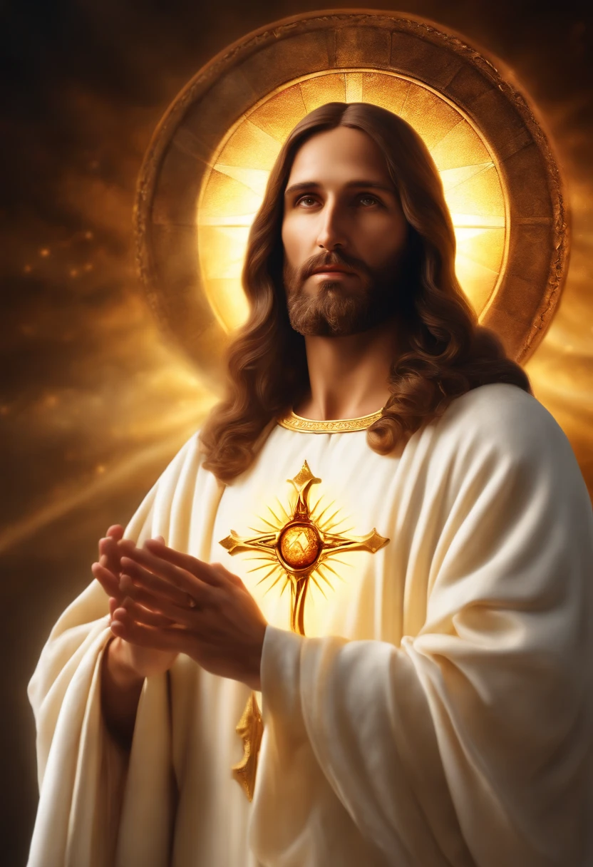 Иисус,Божественный Свет,спокойное выражение лица,белый халат,распущенные волосы,святая аура,открытые объятия,Воскрешение,небесный фон,витражи,величественное присутствие,(Лучшее качество,4k,8К,Высокое разрешение,шедевр:1.2),ультрадетализированный,(реалистичный,photoреалистичный,photo-реалистичный:1.37),Эфирный,чистый,духовный,Сияющий,святая атмосфера,золотой ореол,чистота,крест,мир,любовь,искупление,спасение,трансцендентность,тьма изгнана,спокойствие,вечная жизнь,священное сердце,вера,преданность,Выздоровление,нежный,заботливый,сострадательный,божественность
