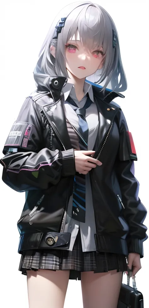 Cyberpunk style anime girl, White Long hair, Cat ear, Blue eye, Black  pantyhose, Black jacket and mini skirt, Sitting pose, Colored, Isolated  white background Illustration Stock