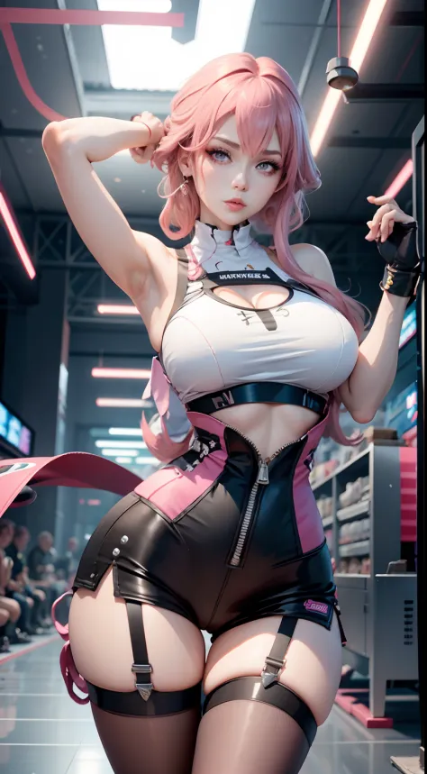 Beautiful woman，1个Giant Breast Girl，pink haired woman，Fighting posture，black pantyhoses，black glove，Sports bra，jewely，shorter pants，J thighs。Pink hair，drill bit，Asymmetrical hair，Wear gold and silver