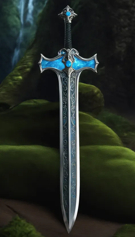tira espada, Manga delicada, The body of the sword is exquisite，bem decorado,（((The body of the sword is designed with a blue opal and a pattern in the form of light green particle effect..：1.3))), se, (The body of the sword is symmetrically decorated:1.3)...