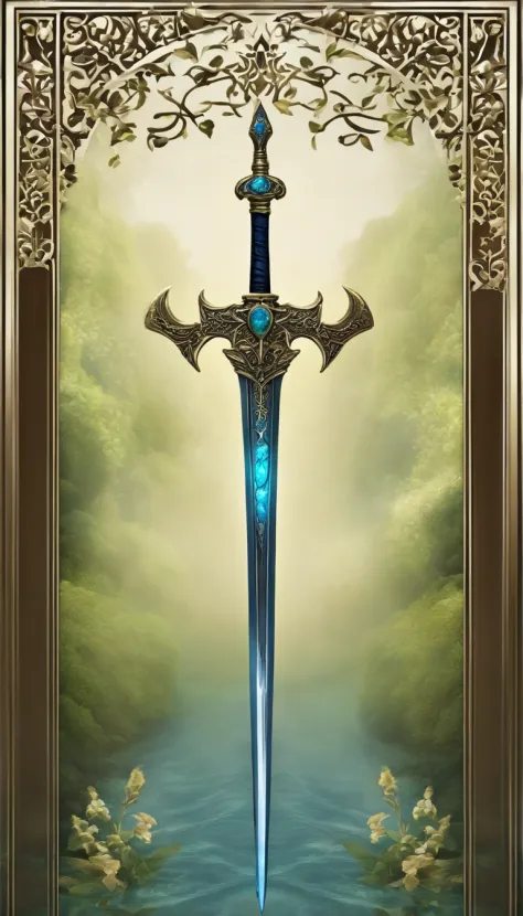 tira espada, Manga delicada, The body of the sword is exquisite，bem decorado,（((The body of the sword is designed with a blue opal and a pattern in the form of light green particle effect..：1.3))), se, (The body of the sword is symmetrically decorated:1.3)...
