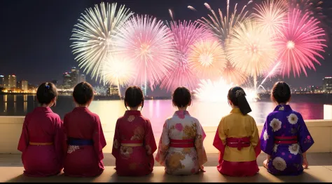 photo photorealism photorealistic brilliant fireworks over brilliant sisters wearing different designed yukata