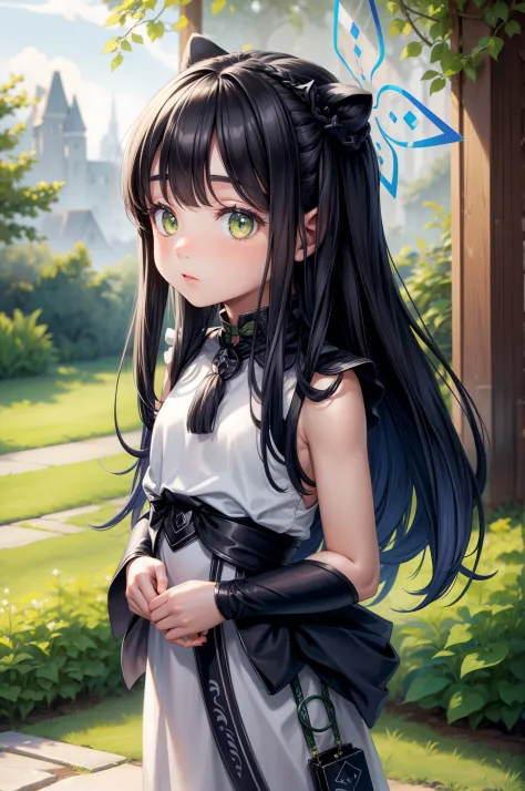 cute little girl, best quality, wearing fantasy clothes, black hair, there's halo on head, masterpiece