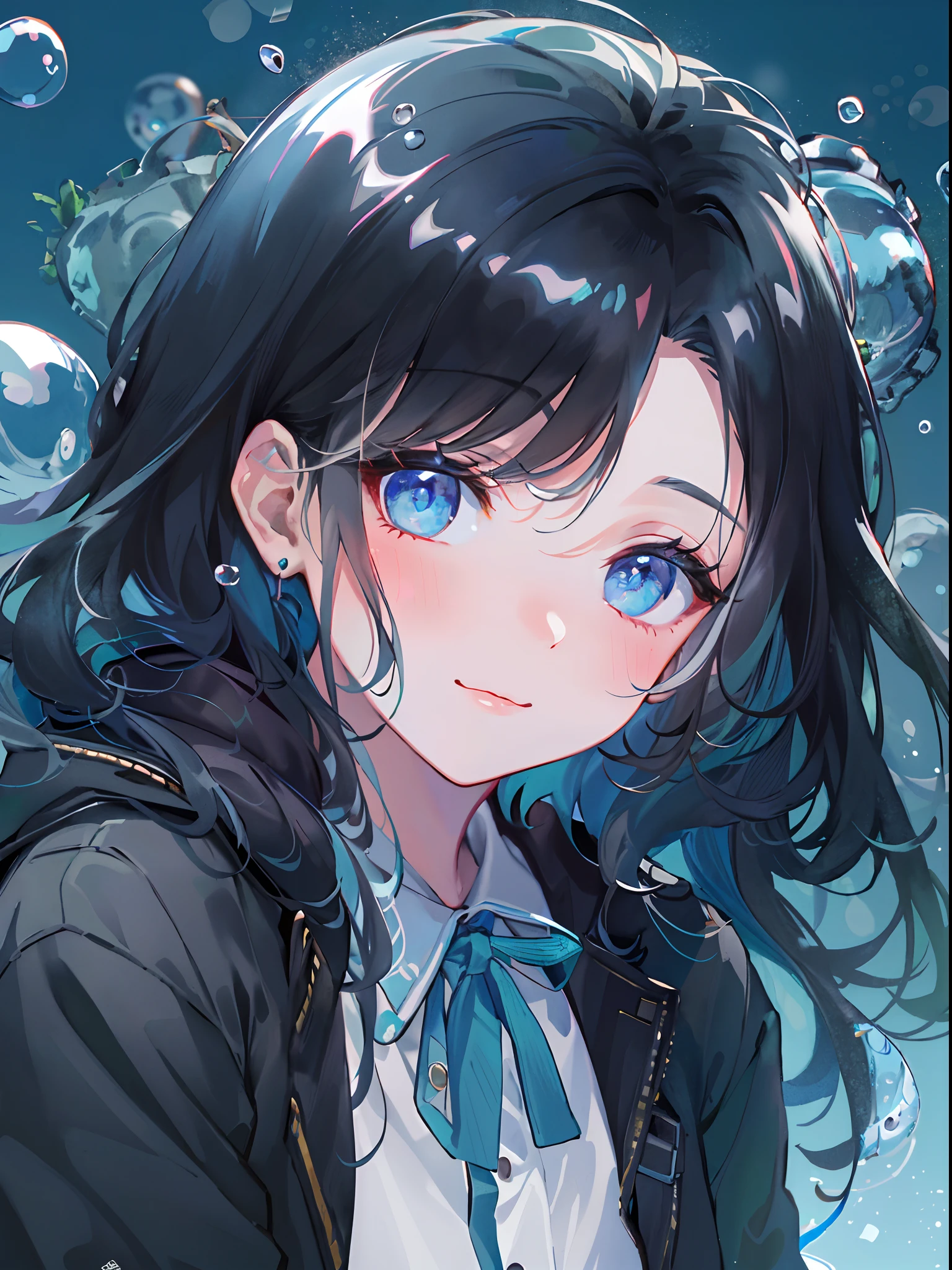 ((top-quality)), ((​masterpiece)), ((Ultra-detail)), (extremely delicate and beautiful), girl with, solo, cold attitude,((Black jacket)),She is very(relax)with  the(Settled down)Looks,A darK-haired, depth of fields,evil smile,Bubble, under the water, Air bubble,bright light blue eyes,Inner color with black hair and light blue tips,Cold background,Bob Hair - Linear Art, shortpants、knee high socks、White uniform like 、Light blue ribbon ties、Clothes are sheer、Hands in pockets、Ponytail hair、