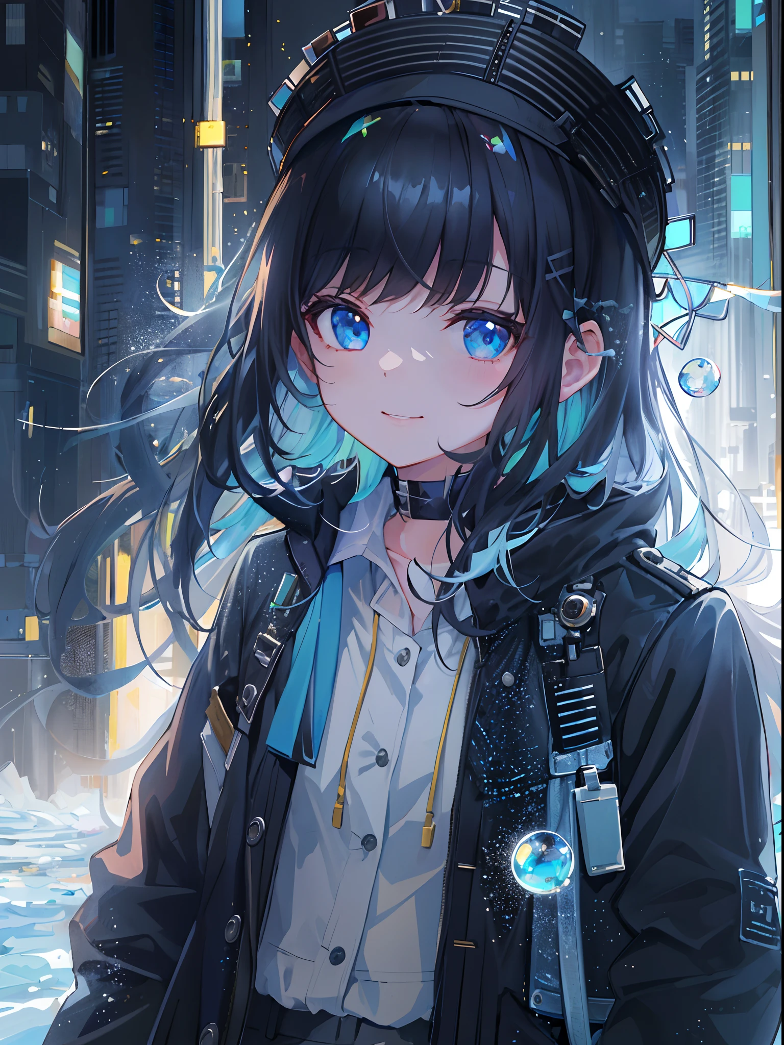 ((top-quality)), ((​masterpiece)), ((ultra-detailliert)), (extremely delicate and beautiful), girl with, 独奏, cold attitude,((Black jacket)),She is very(relax)with  the(Settled down)Looks,A dark-haired, depth of fields,evil smile,Bubble, under the water, Air bubble,bright light blue eyes,Inner color with black hair and light blue tips,Cold background,Bob Hair - Linear Art, shortpants、knee high socks、White uniform like school uniform、Light blue ribbon ties、Clothes are sheer、Hands in pockets