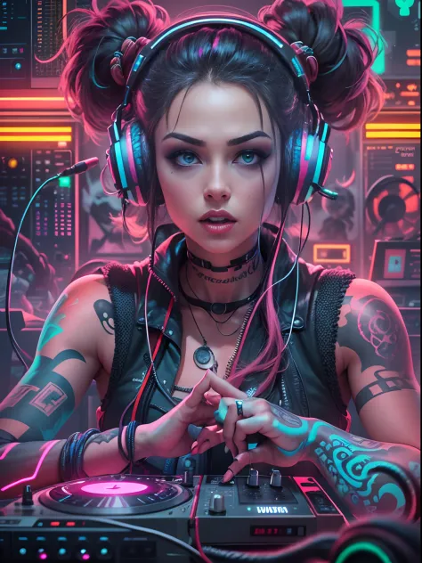 colorido, hyper-realistic , Cyberpunk, Psychedelic female DJ , Energia ilimitada, full of passion,  usando roupas de vampiro int...