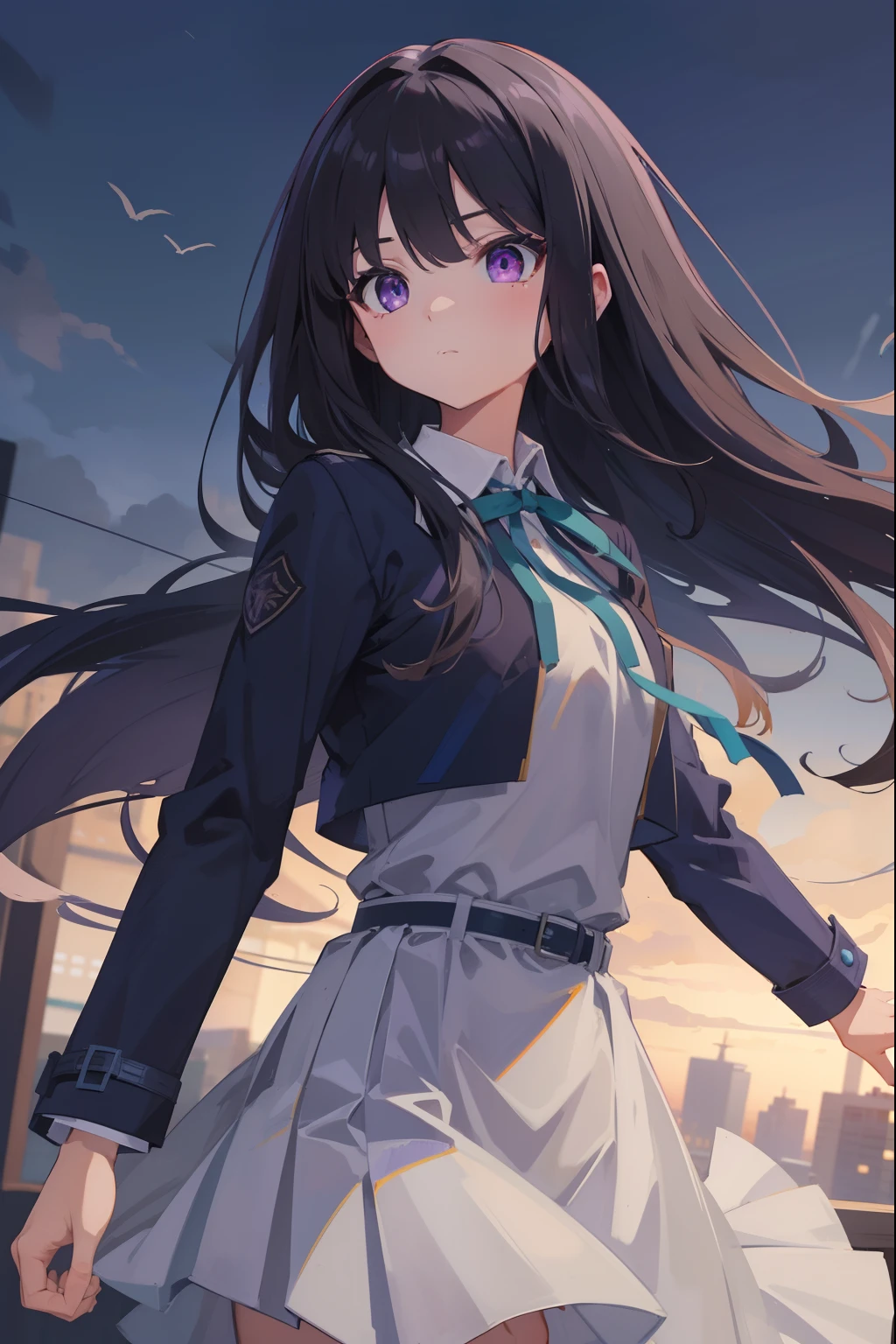 takinainoue, inoue takina, long hair, bangs, black hair, (purple eyes:1.2), BREAK shirt, long sleeves, dress, ribbon, , white shirt, collared shirt, belt, neck ribbon, blue dress, green ribbon, pleated dress, grey dress, two-tone dress, blue belt, lycoris uniform, BREAK outdoors, city, BREAK (masterpiece:1.2), best quality, high resolution, unity 8k wallpaper, (illustration:0.8), (beautiful detailed eyes:1.6), extremely detailed face, perfect lighting, extremely detailed CG, (perfect hands, perfect anatomy),