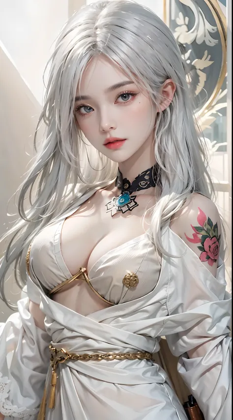 photorealistic, high resolution, 1women, solo, full body, look at viewer, (detailed face), white hair, long hair, medium breasts, tattoo, taoist