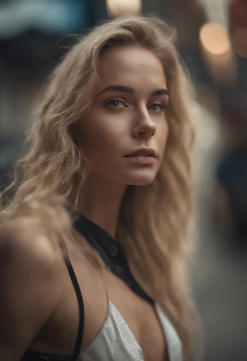 gorgeous woman with extra long wavy blonde hair, detailed alluring eyes, long sexy legs, wearing tiny shorts, t-shirt, ((detailed facial features)), (finely detailed skin), pale skin, realistic skin texture, extreme skin details, (pores:0.1), in the background beautiful futuristic cyberpunk city, best quality masterpiece, photorealistic, hyperrealistic, detailed, 8k, HDR, (Soft color: 1.2), shallow depth of field, broad light, high contrast, backlighting, bloom, light sparkles, chromatic aberration, sharp focus, RAW color photo