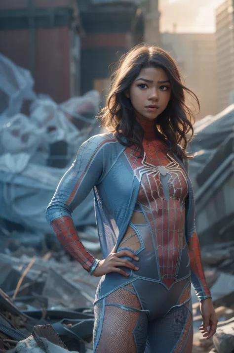 Zendaya in detailed (transparent 98%) ice blue (transparent 80% Spider-Man costume), large breasts, superhero pose, dark brown hair, standing in a ruined city at sunset, hyperdetailed, smoke, sparks, sunbeams, (8k), realistic, symmetrical, award-winning, c...