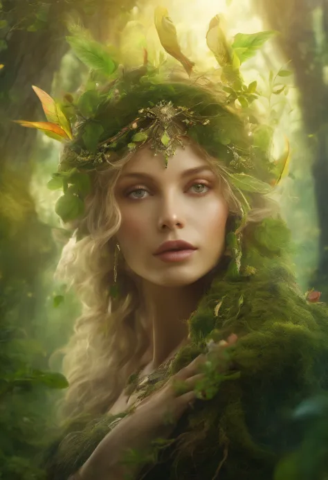 (best quality,4k,8k,highres,masterpiece:1.2),ultra-detailed,(realistic,photorealistic,photo-realistic:1.37),forest,captivating female Dryad creature,enchanted ethereal landscape,lush vegetation,majestic ancient trees,magical sunlight streaming through the ...
