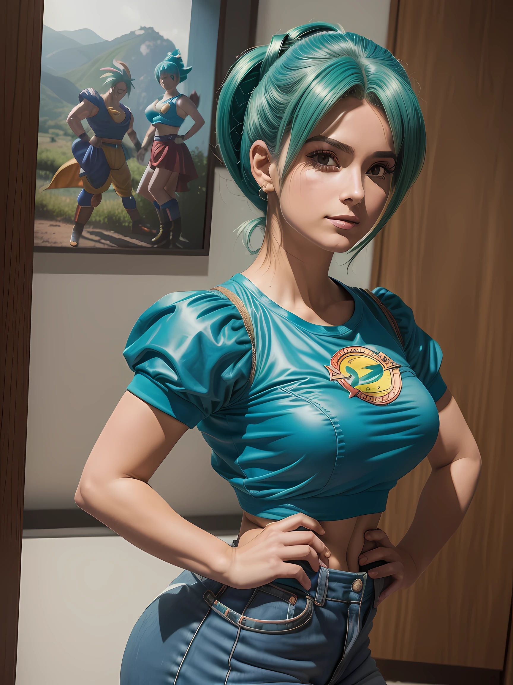 ((Une belle jeune femme séduisante, (photoréaliste:1.4), com Déguisement de cosplayeuse Bulma, personnage inspiré de Dragon Ball, cosplayer réaliste: 1.2)),extrêmement détaillé, meilleure qualité, de ((photo de portrait de visage:1.5), (photo brute, 8k euh, Meilleure qualité, meilleure qualité, très détaillé: 1.2),