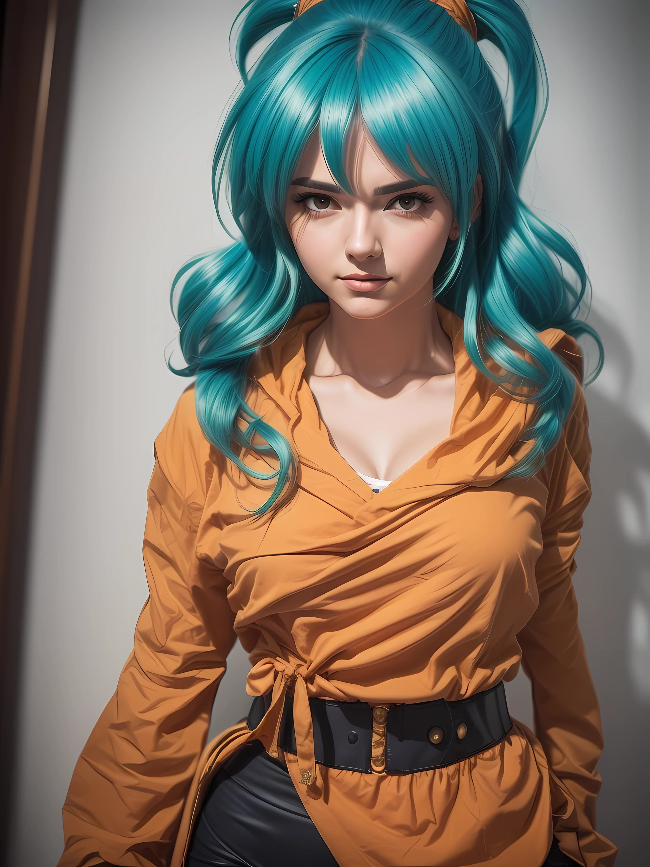 ((Une belle jeune femme séduisante, photoréaliste, com Déguisement de cosplayeuse Bulma, personnage inspiré de Dragon Ball, cosplayer réaliste:1.2)) ,extrêmement détaillé, meilleure qualité, de ((photo de portrait de visage:1.5), (photo brute, 8k euh, Meilleure qualité, meilleure qualité, très détaillé: 1.2),