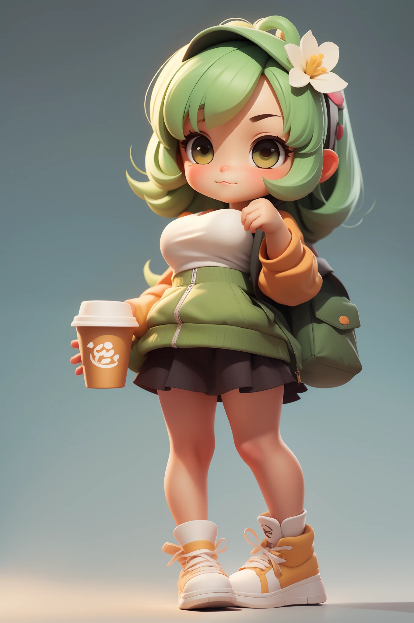 فتاة لطيفة تحمل كوب شاي بالحليب, نمط 3dmm, تحفة, جسم كامل, خلفية بسيطة, أسلوب تشيبي, أخضر