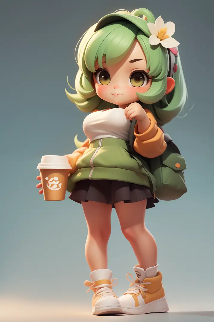 cute girl is holding milk tea cup, 3dmm style, masterpiece, full body, simple background, chibi style, green