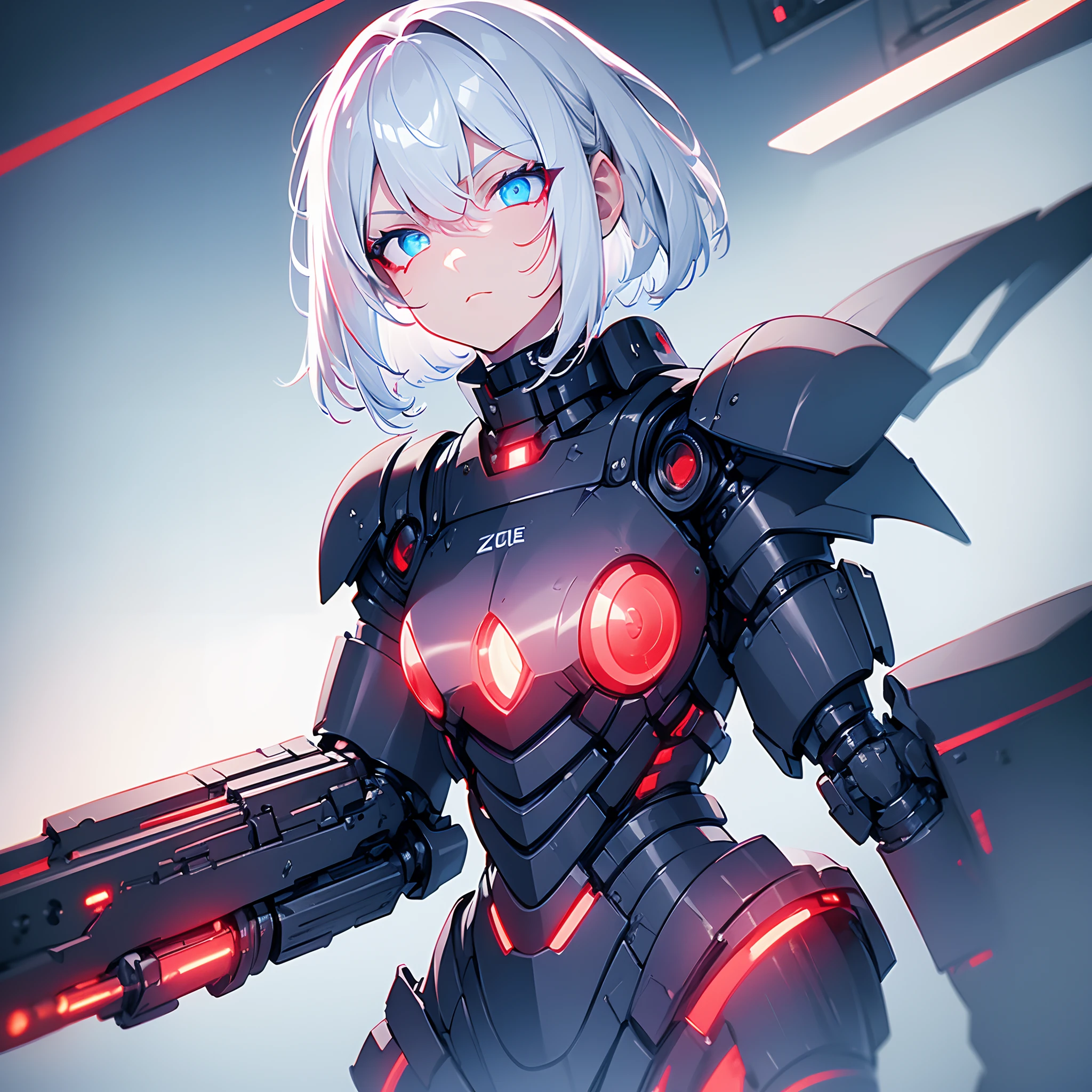 1 girl, solo, heavy futuristic armour, black heavy suite armour, red lights, white hair, short hair, blue eyes, (dim_lighting:1.5), wearing glowing claws, looking at viewer, serious look, zoomed out, head exposed