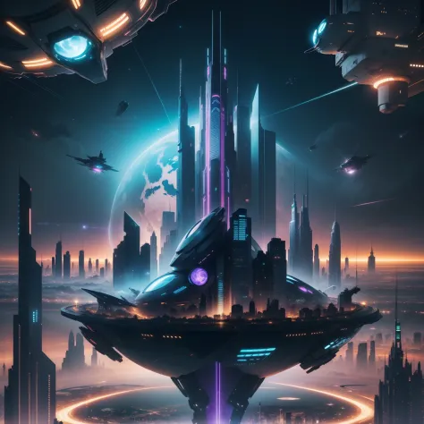 Space City、futuristic cities、floating in the universe、cyberpunked、Skyscrapers are lined up、A space station、top-quality、​masterpiece、２４century、dream、utopian、New World、World of Dreams、Fantasia、𝓡𝓸𝓶𝓪𝓷𝓽𝓲𝓬、Beautiful city、８Ｋ