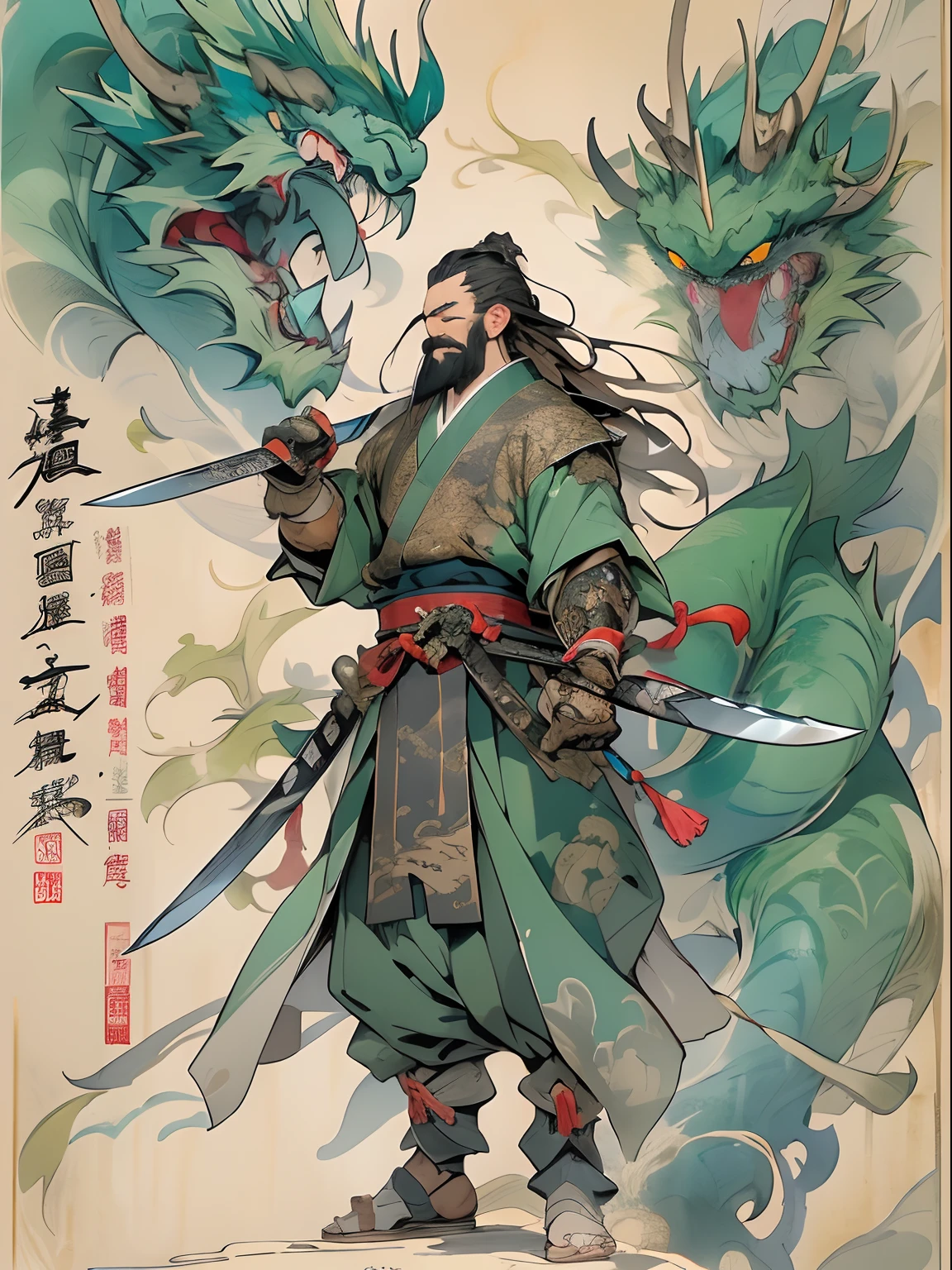 (((China-style，Ink painting method，Half-length portrait，Intense color，Han dynasty, China，Hanfu，Armor，Guan yu，Guan Yunchang，of a guy，Ruddy killing square face，Hold the Blue Dragon Moon Knife in his right hand，Stroke your beard with your left hand，Long hair，petty eyes，Green robe))), (((best qualityer))), (((tmasterpiece))), (((AS-Adult))), ((( Japanese ))), Look up from your knees, Handsome Asian samurai，perfect body figure, Modern samurai, ((( Asian))), Wear gloves on your hands，The left arm is made of steel and metal tips，Made of protective devices, The eyes are pulled, (( Appears below the chest )), (( Small dental floss )), Simon Bisley, Almost naked（Simon Bisley）Castle City Wilderness，For high-resolution posters, hair straight, Minimum clothing, armure (Crazy clothes ), Full of tips and rivets, tribal tattoos, (((full bodyesbian))), Straight brunette hair，Colored hair ends