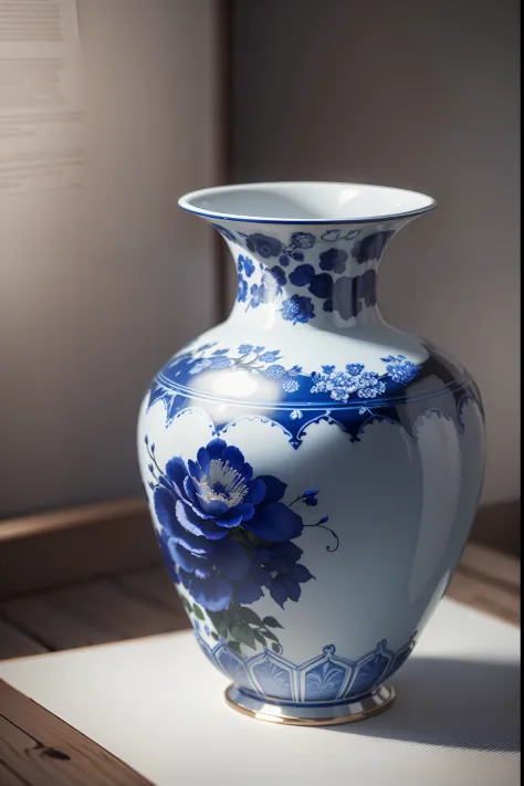 There is a blue and white porcelain vase on the table，hyper realistic detailed rendering, highly detailed render, detailed archviz render, super detailed render, photorealistic details content, 8k vray render, Realistic shadows and lighting, highly detaile...