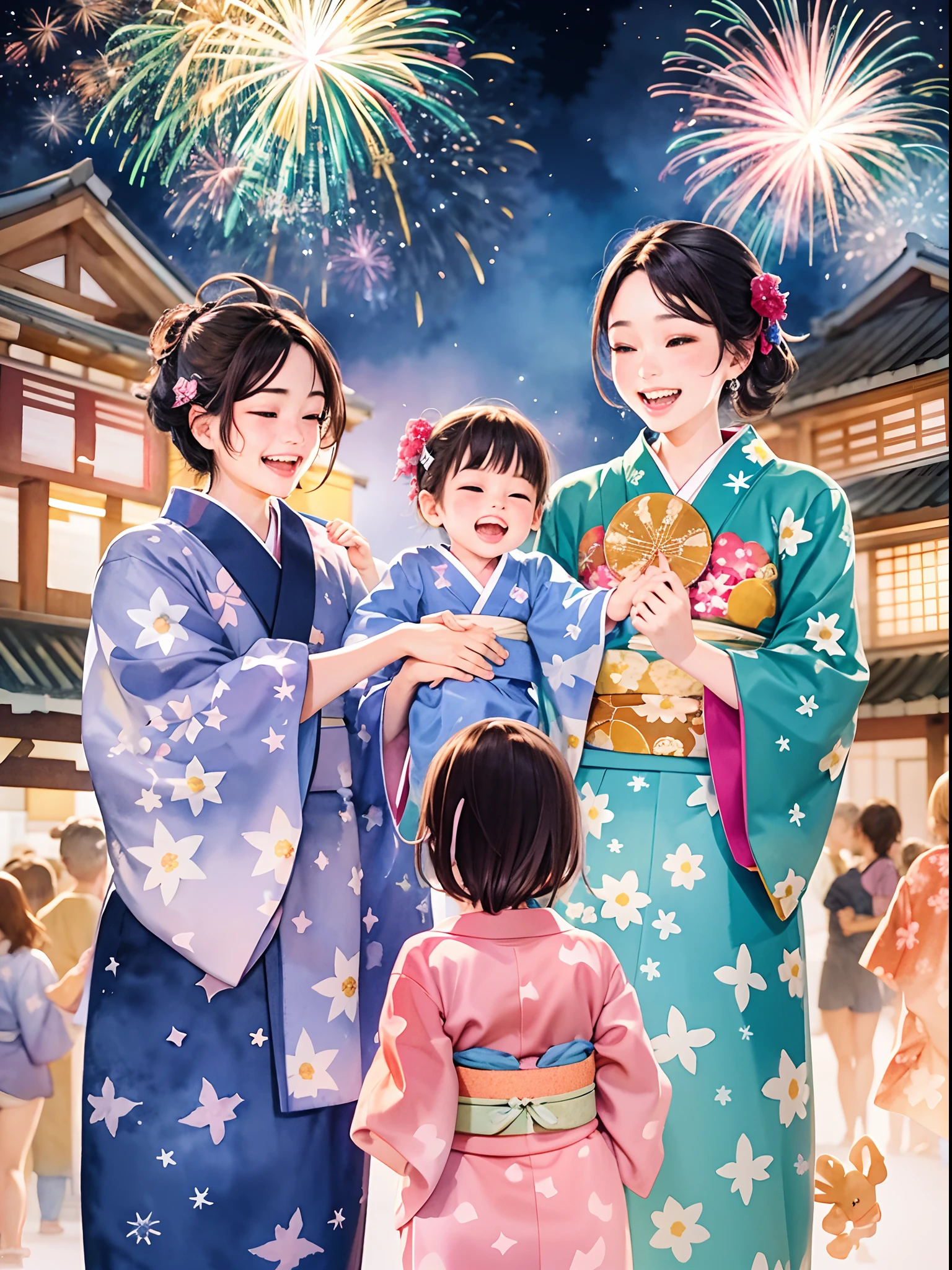 A modern watercolor painting of a family watching a fireworks festival in yukata. The scene is festive and cheerful, with bright colors and sparkles in the sky. The family is smiling and holding hands, enjoying the spectacle and the summer night. The background is crowded with people in traditional attire, creating a contrast with the modern style of the painting.