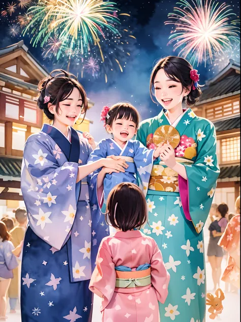 A modern watercolor painting of a family watching a fireworks festival in yukata. The scene is festive and cheerful, with bright...