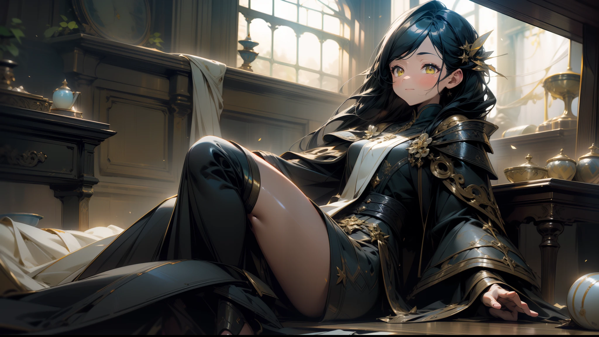 an alone mature girl with long blue and yellow eyes sitting on the bed and spread leg , night, High detail mature face, tie hair on the left side, golden eyes, bare leg, black and white noble priest dress, high res, ultra sharp, 8k, masterpiece, smiling, fantasy world, magical radiance background ((Best quality)), ((masterpiece)), 3D, HDR (High Dynamic Range),Ray Tracing, NVIDIA RTX, Super-Resolution, Unreal 5,Subsurface scattering, PBR Texturing, Post-processing, Anisotropic Filtering, Depth-of-field, Maximum clarity and sharpness, Multi-layered textures, Albedo and Specular maps, Surface shading, Accurate simulation of light-material interaction, Perfect proportions, Octane Render, Two-tone lighting, Wide aperture, Low ISO, White balance, Rule of thirds,8K RAW, Aura, masterpiece, best quality, Mysterious expression, magical effects like sparkles or energy, flowing robes or enchanting attire, mechanic creatures or mystical background, rim lighting, side lighting, cinematic light, ultra high res, 8k uhd, film grain, best shadow, delicate, RAW, light particles, detailed skin texture, detailed cloth texture, beautiful face, 
(masterpiece), best quality, expressive eyes, perfect face,