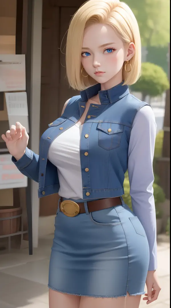android 18, large breasts, belt, blue skirt, looking at viewer, denim, black shirt, short hair, sweat, solo, denim skirt, cleava...