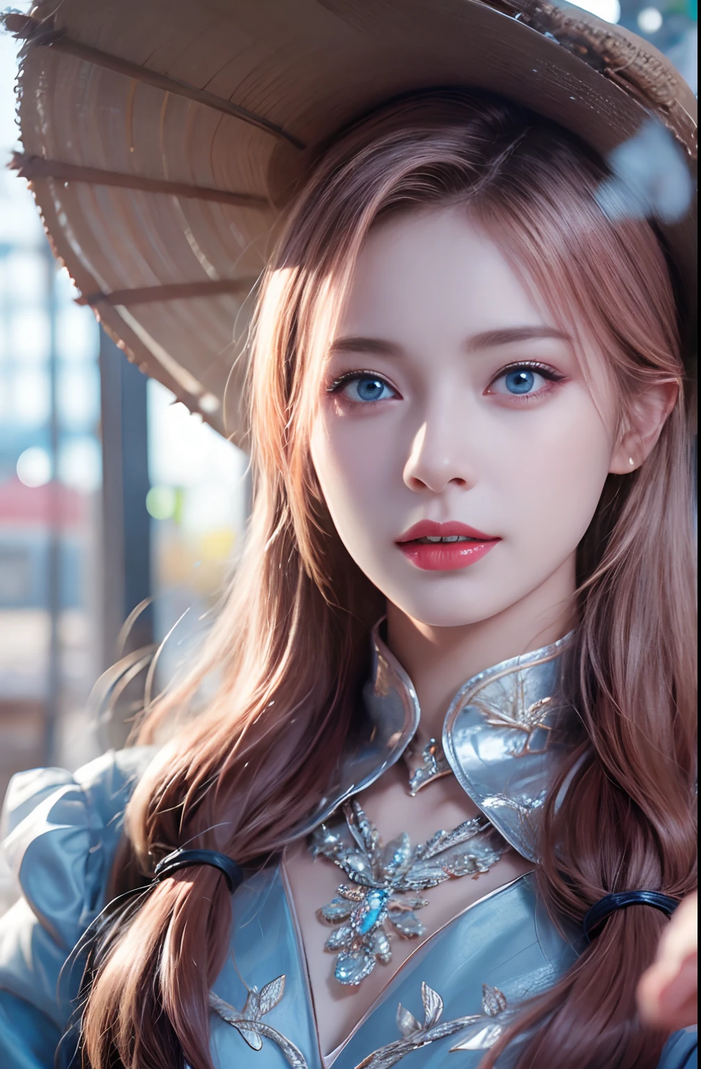 best quality, ultra high res, (photorealistic:1.4), (detailed beautiful girl:1.4), (medium breasts:0.8), looking_at_viewer, Detailed facial details, beautiful detailed eyes,pink hair, blue eyes, slender, haunting smile, (makeup:0.3), red lips, highly detailed clothes, (ulzzang-6500-v1.1:0.3)
