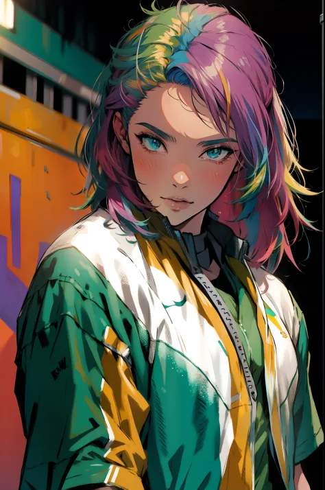 menina anime, uniforme de futebol branco, rainbow hair