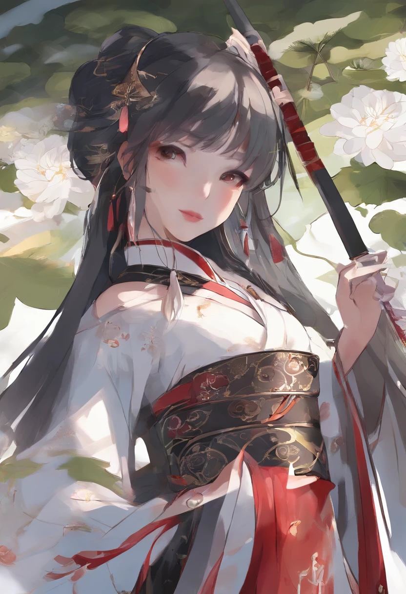 Best quality, Masterpiece, Ultra-high resolution, (Realistic: 1.4), xiuxian, Smiling, Shy, Belly button, Delicate makeup, Gorgeous jewelry, Horse face dress, Detail Make,, 1 girl, White clothes, Lotus print, Maple leaf print, 独奏, missiles, (Magical Circle: 1.2), xiuxian, Upper body, Beautiful girl, Half-body, east asian architecture, scabbard, Construction,