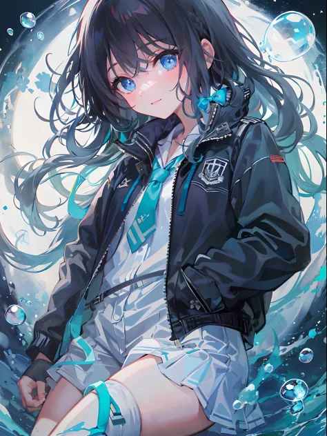 ((top-quality)), ((tmasterpiece)), ((ultra - detailed)), (Extremely Delicately Beautiful), Girl vs, 独奏, Cold attitude,((Black jacket)),She is very(Relax)with  the(Settle down)looks,brunette color hair, depth of fields,evilsmile,Bubble, Under the water, air...