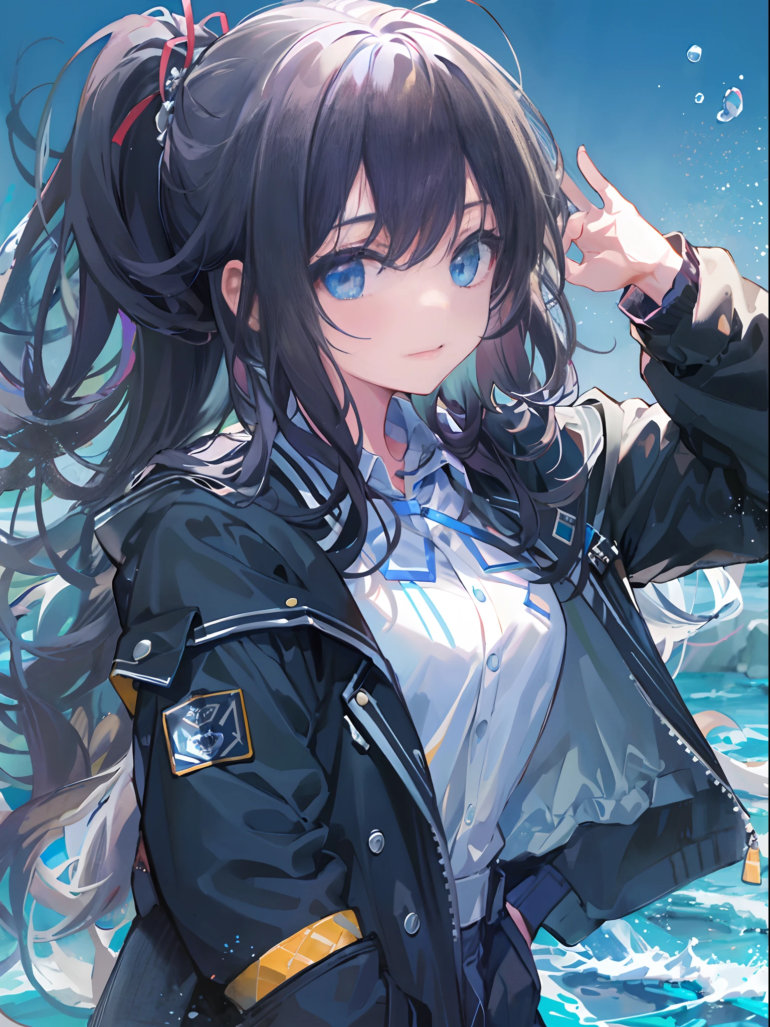 ((top-quality)), ((tmasterpiece)), ((ultra - detailed)), (Extremely Delicately Beautiful), Girl vs, solo, Cold attitude,((Black jacket)),She is very(Relax)with  the(Settle down)looks,brunette color hair, depth of fields,evilsmile,Bubble, Under the water, airbubble,bright light blue eyes,inner colored，Black hair and light blue ends,Cold background,Bob Hair - Linear Art, shorter pants、knee high socks、A white uniform like a school uniform、Light blue ribbon ties、Clothes are sheer、Hands in pockets、pony-tail hair、
