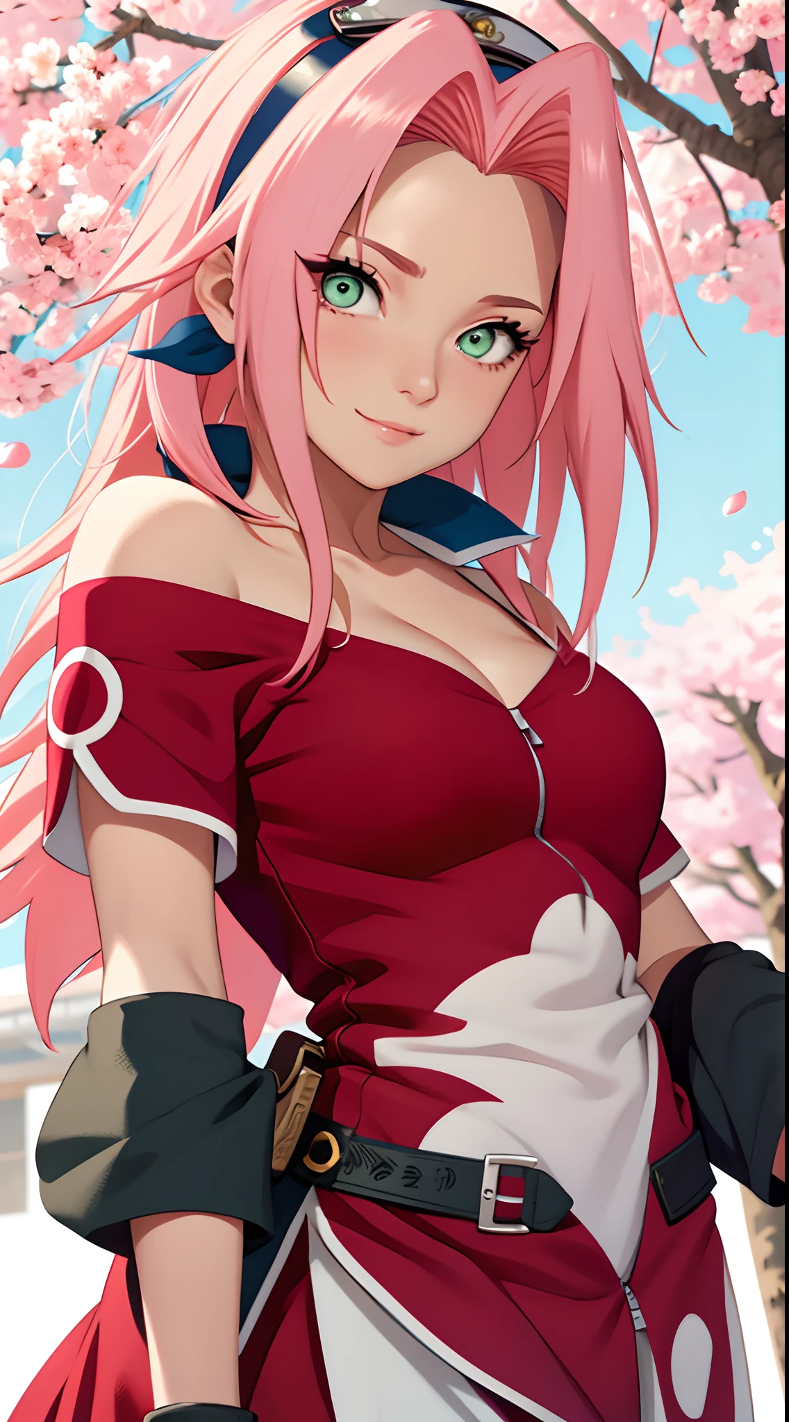 tmasterpiece， Best quality at best， 1girll， Sakura Haruno， Large breasts，Off-the-shoulder attire，（cleavage)，（upperbody closeup)，Raised sexy，is shy，ssmile，with pink hair， long whitr hair， （Green eyeballs:1.4)， Forehead protection， the cherry trees，Cherry blossoms flying，Red clothes，Zipper half