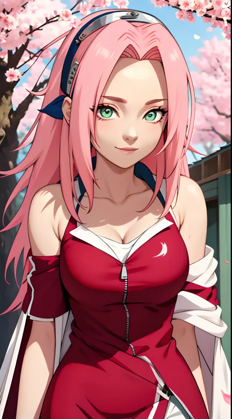 tmasterpiece， Best quality at best， 1girll， Sakura Haruno， Large breasts，Off-the-shoulder attire，（cleavage)，（upperbody closeup)，Raised sexy，is shy，ssmile，with pink hair， long whitr hair， （Green eyeballs:1.4)， Forehead protection， the cherry trees，Cherry bl...