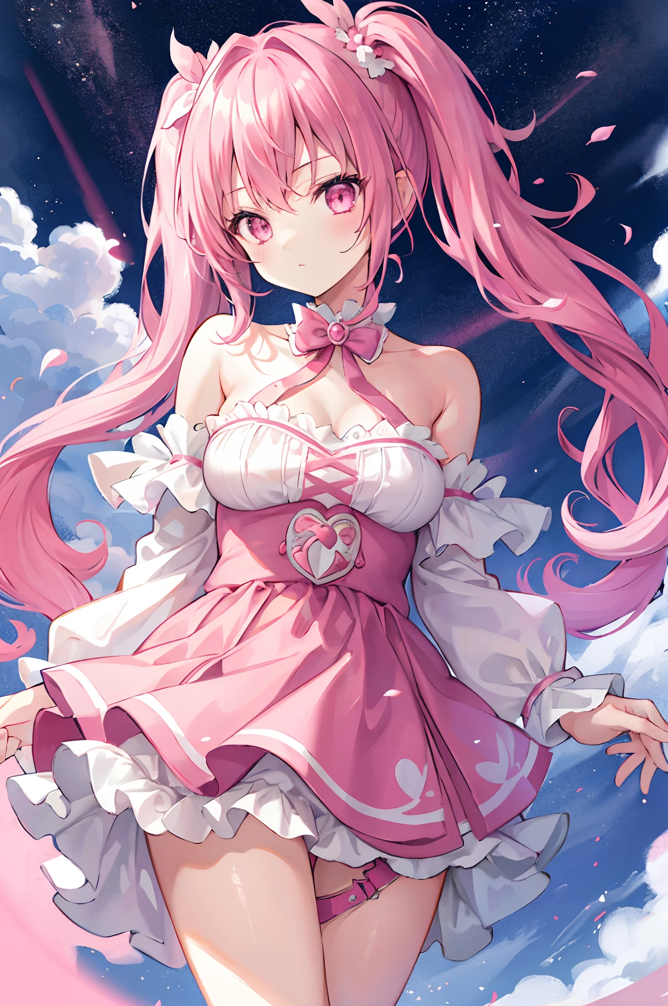 1girl, pink hair in twin tails, pink eyes, frilly pink dress, magical girl, absurdres, high res, ultrasharp, 8K, masterpiece, looking at viewer