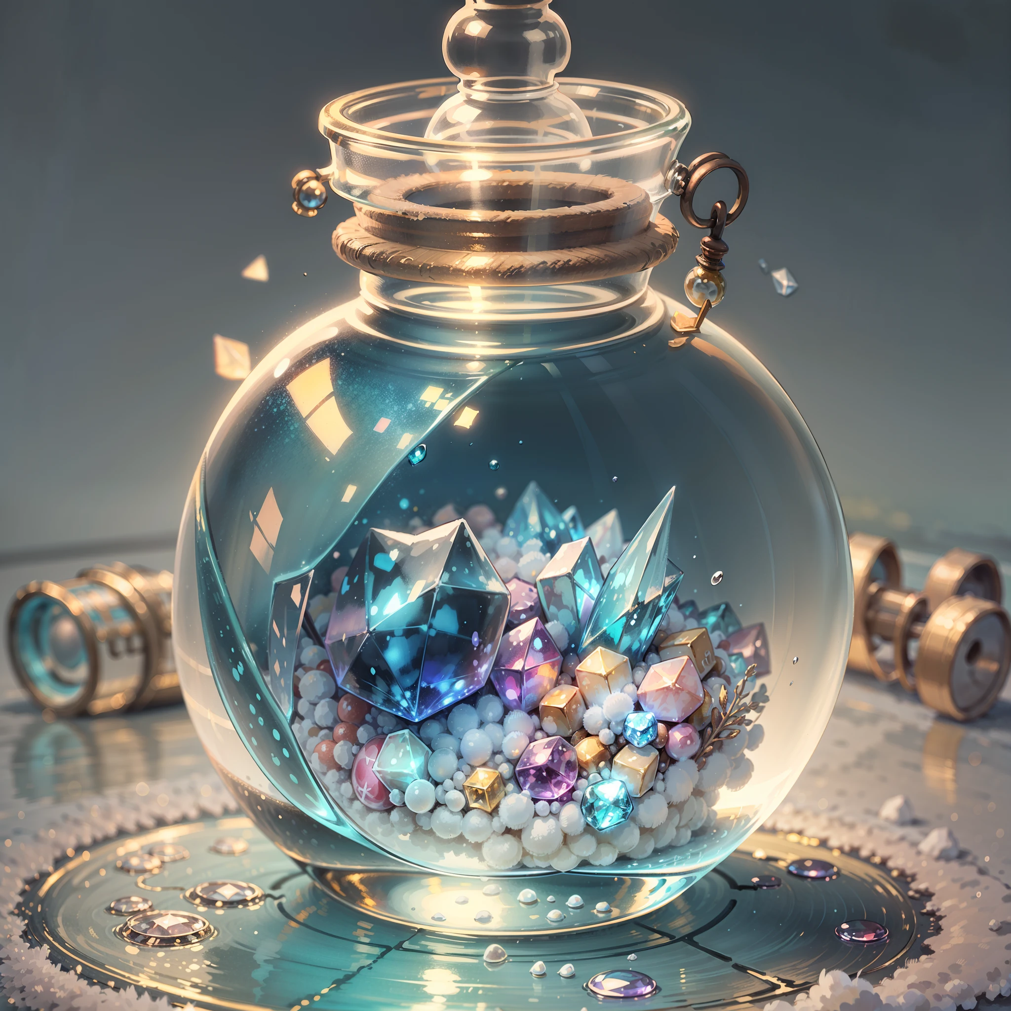 fuwafuwa, illustration, round vial, snowflake in small bottle, dynamism, crystal, water, no_girl, no_boy, colorful, cute, fantasy, pastel tone, world like in a picture book, soft touch --auto --s2