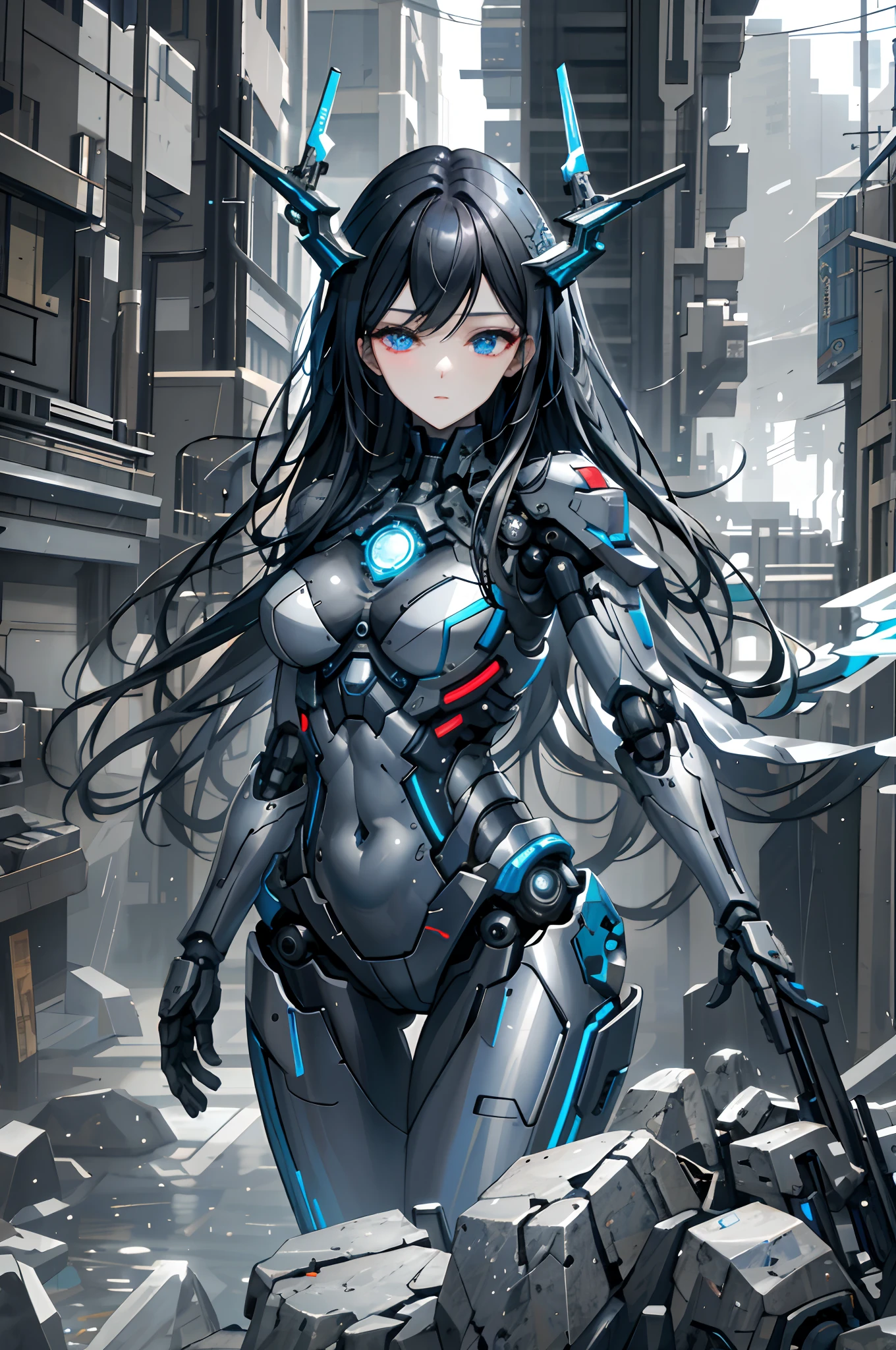 masterpiece,best quality,ultra-detailed,very detailed illustrations,extremely detailed,intricate details,highres,super complex details,extremely detailed 8k cg wallpaper, caustics,reflection,ray tracing, 1girl:1.4), solo, alone, (blue_theme:1.3), (grey_theme:1.3), (mecha musume, mechanical parts ,robot joints, mechanical arm, mechanical legs, headgear, intricate mechanical bodysuit, mechanical energy wings), (robes), very long hair, black hair, blue eyes, glowing eye, eye trail, random expressions, random action, tokyo, city, alley, dark alley, night time, raining, neon lights, detailed background, ((masterpiece)), absurdres, HDR,  (Classic headshot pose), extremely detailed 8K wallpaper,cyberpunk city,masterpiece,highres,detailed manga illustration,