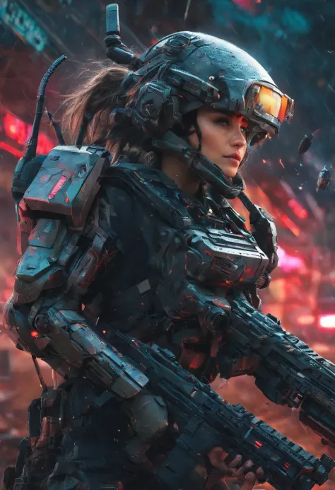 Postapocalyptic combat scene with a Beautiful hyperrealistic photograph of cute Young Swedish woman with Runic tattoos, ((dirty face Blood splattered)), (((wearing full heavy mecha armor, combat harness, Neon highlights))) Short Red Dreadlocks, combat pose...