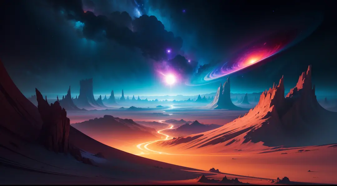Cosmic landscape, Unexplored planets, Exotic vegetation, dynamic foreshortening, saturated colors, Impressive super lighting effects