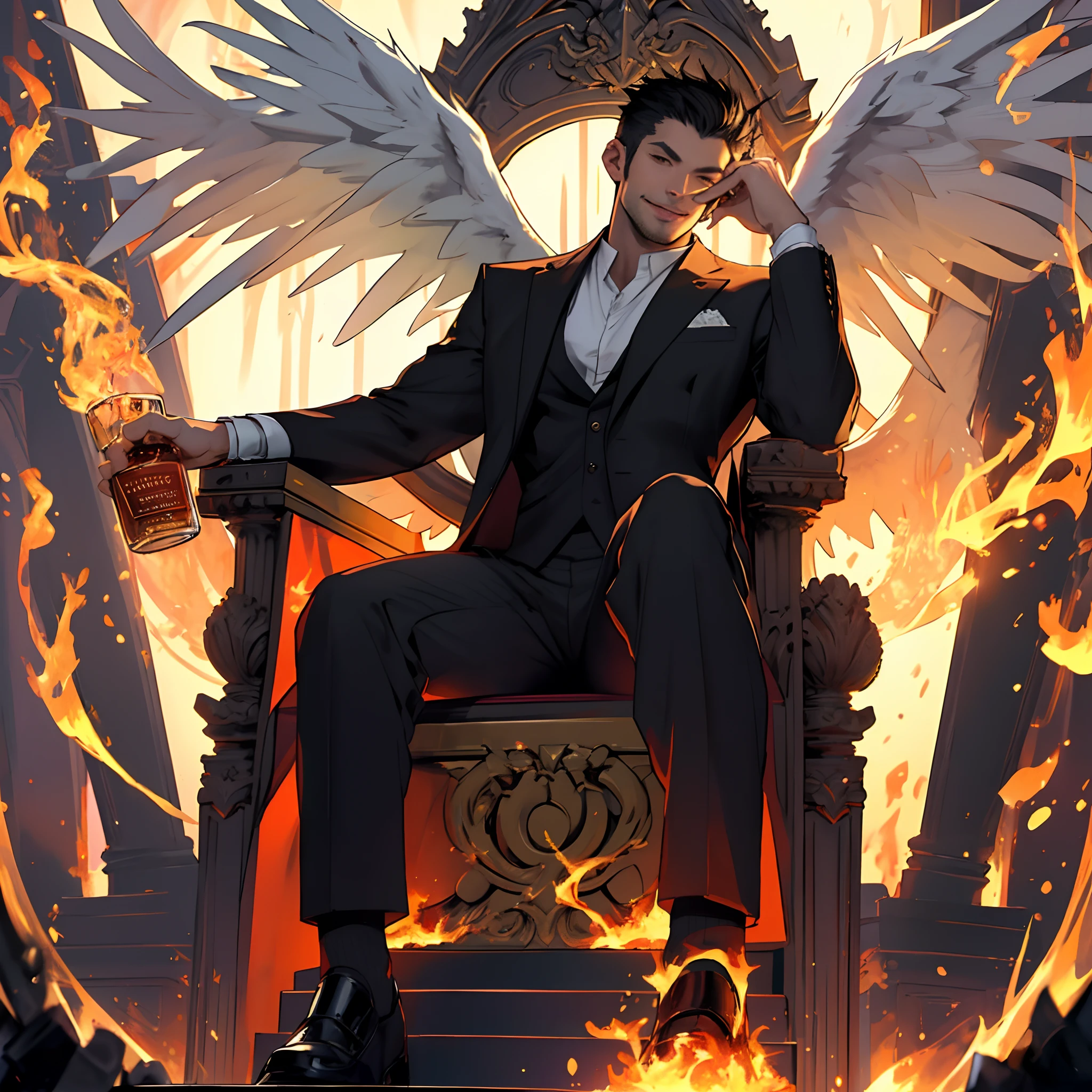 8k, best quality, masterpiece, Lucifer Morningstar, one masculine British male angel with dark hair, sensual smile, flaming wings, devil, fallen angel, flames in background, details, dark suit, club theme, 1:1 ratio, sitting on a throne drinking whiskey, details, realistic, highest quality