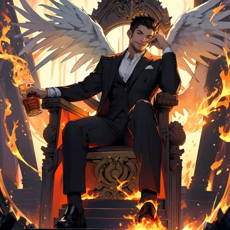 8k, best quality, masterpiece, lucifer morningstar, one masculine british male angel with dark hair, sensual smile, flaming wing...