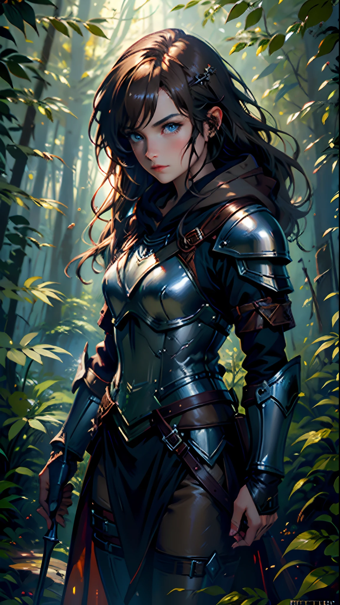 BJ_Oil_painting, fantasy scene, female ranger, olive and brown robes, leather armor, hood drawn up, long brown hair, blue eyes, forest scene, metal Armor, scalemail