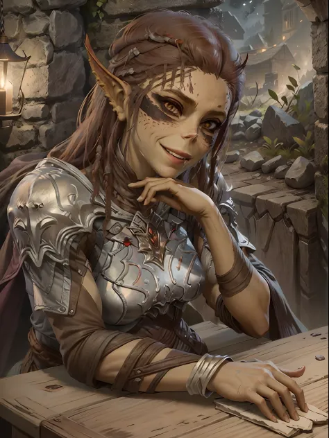 Lae'zel from Baldur's Gate 3, sitting at a table in a tavern at night, night, tavern light, smiling, extremely detailed face and eyes, Beautiful shadow and lighting