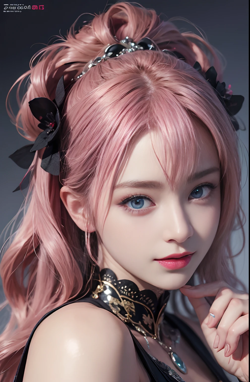 best quality, ultra high res, (photorealistic:1.4), (detailed beautiful girl:1.4), (medium breasts:0.8), looking_at_viewer, Detailed facial details, beautiful detailed eyes,pink hair, blue eyes, slender, haunting smile, (makeup:0.3), red lips, highly detailed clothes, (ulzzang-6500-v1.1:0.3)