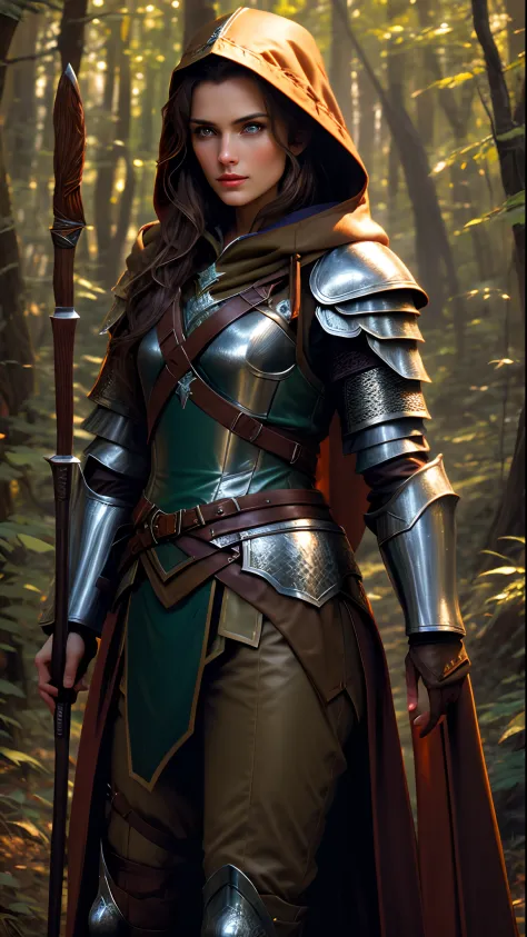 BJ_Oil_painting, fantasy scene, female ranger, olive and brown robes, leather armor, hood drawn up, long brown hair, blue eyes, forest scene, scalemail, chainmail